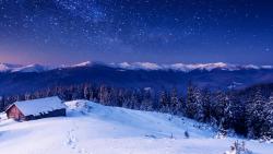 Дома, горы, деревья, снег, ночные звезды, зима, пейзаж, фоны, заставки