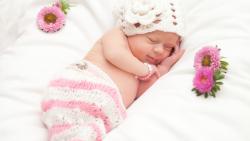 Маленькая девочка спящая с цветами