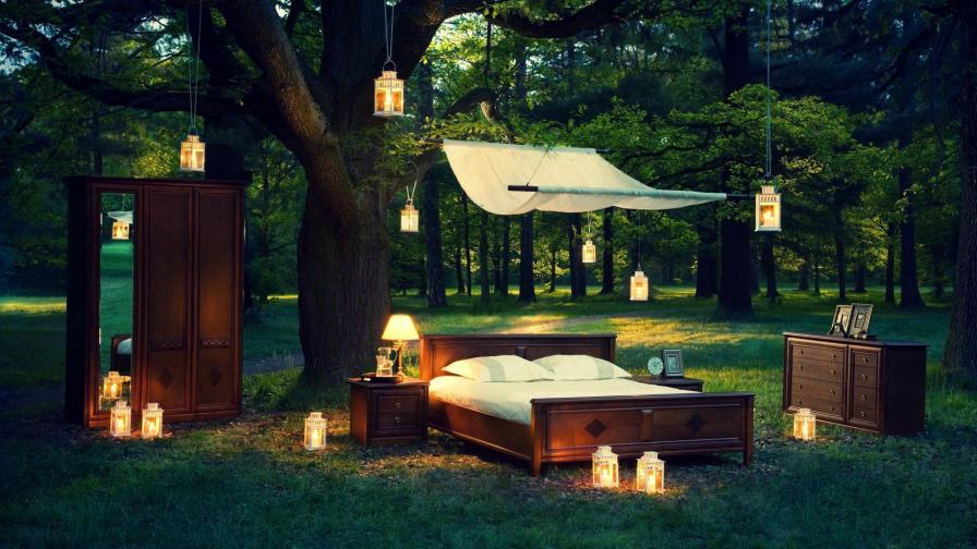 Перемещение кровати, комната, шкаф, настольные лампы, люстры, природа, лес