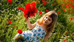 Ребенок девочка собирает красные цветы в поле