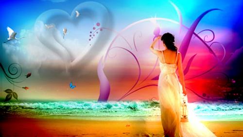 Романтические обои, девушка у моря, сердце, небо, 3D, картинки