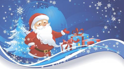 Санта-Клаус, подарки, дерево, планета, снежинки, HD обои