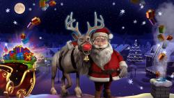 Санта Клаус, Merry Christmas, зима, огни, праздник, олень, арт, Новый год, сани