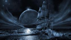 Фэнтези обои голубой луны и корабля в море