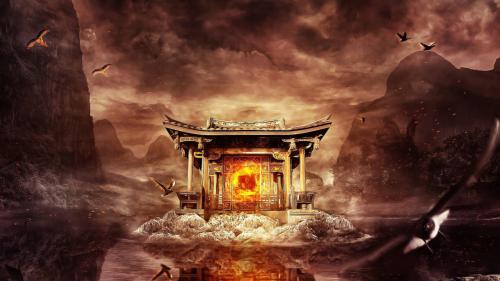 Храм, огонь, горная вода, летающие птицы, обои, скачать