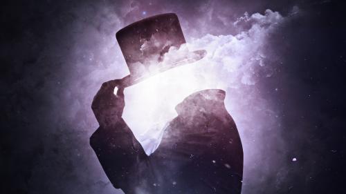 Человек без головы но в шляпе на фоне космоса