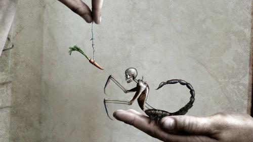 Широкоформатная фантастическая картинка полу смерти, полу скорпиона который сидит на ладони мужчины