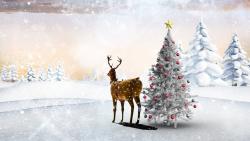 лес, звезда, шары, новый год, олень, поляна, снежинки, рендер, ёлка, деревья, игрушки, зима, снег, праздник, сугробы 