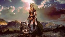 эльфийка с мечем и тигром